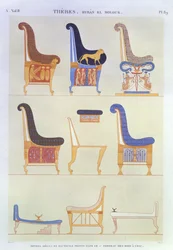 Illustrations of various painted seats and armchairs from the 5th Tomb of the Kings at the east, Byban el Molouk, plate 89 from Vol II of `Descriptions of Egypt`, engraved by Pomel, 1822